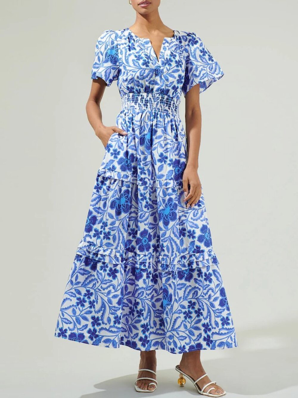 Sugarlips Celeste Floral Palmer Poplin Tiered Maxi Dress - White/Blue Combo